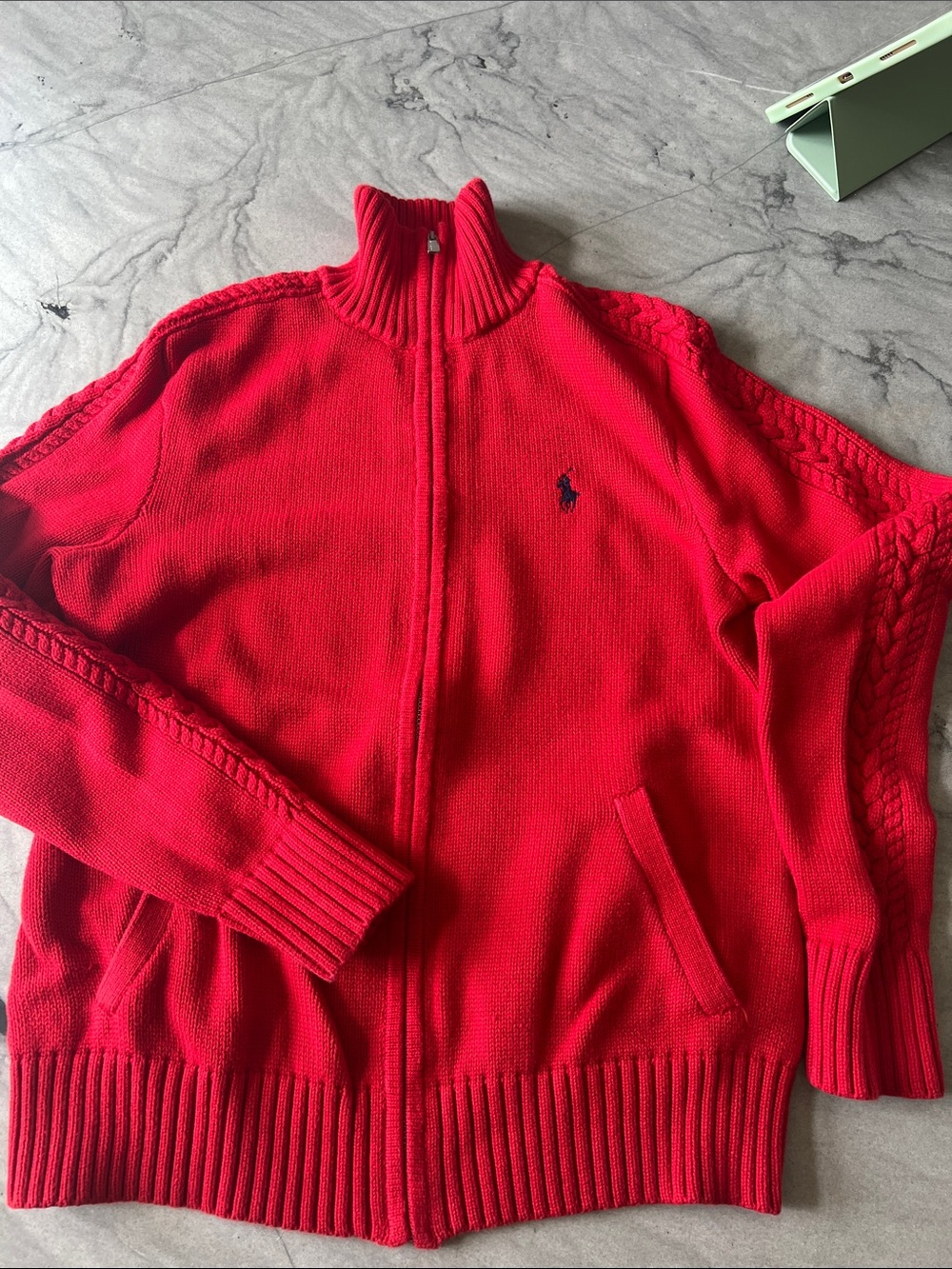 Ralph Lauren Sport Red Full-Zip Cable-Trim Knit Sweater